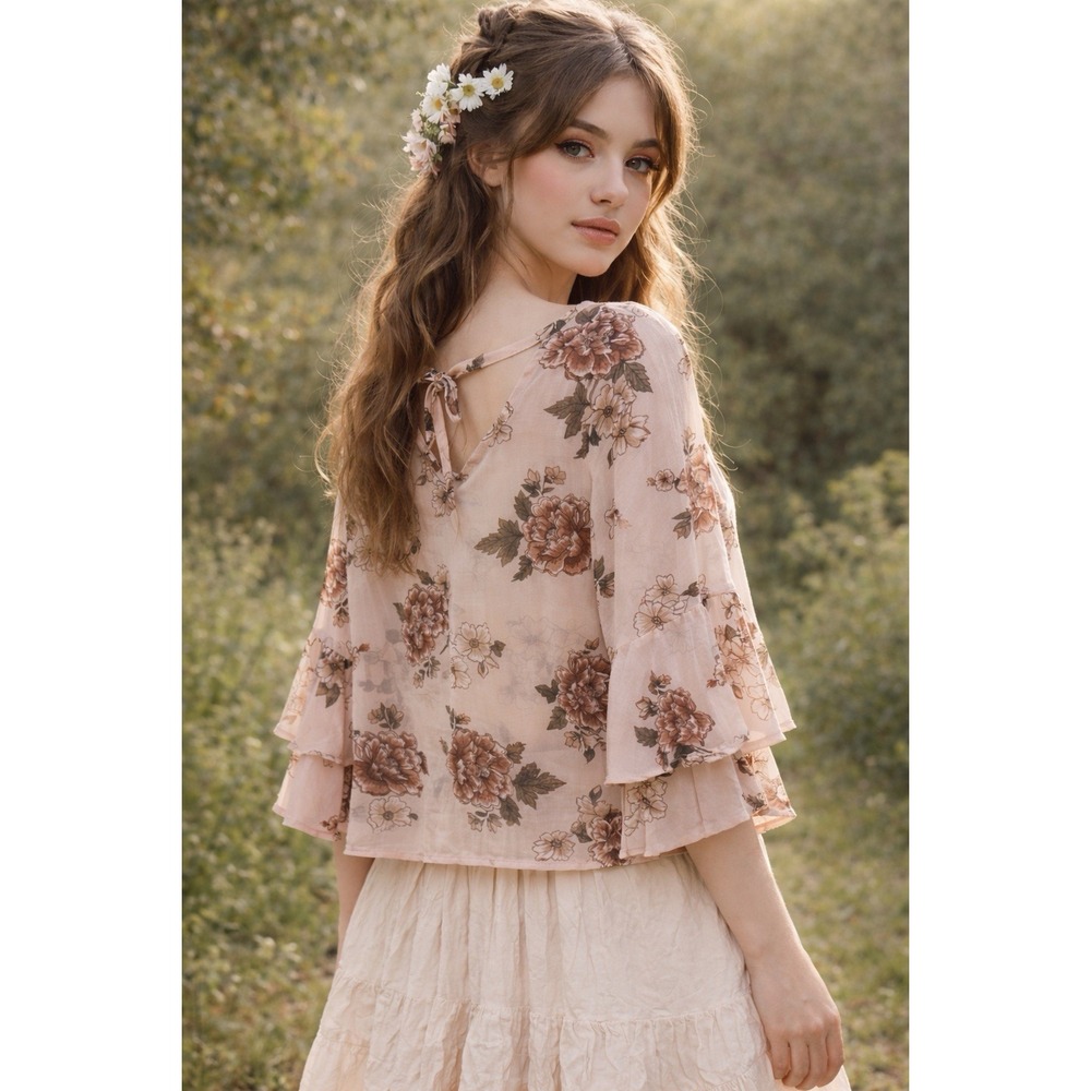 Floral Sheer Blouse Pink Ruffle Sleeves Sz L Romantic Cottagecore Fairy